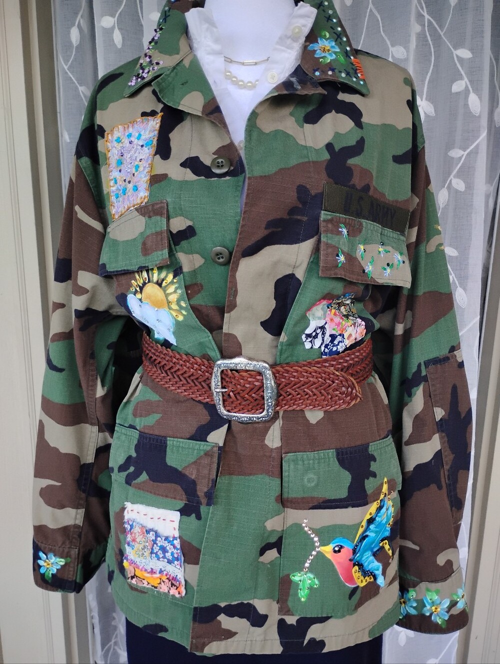 Upcycled US Army Camo Jacket Liberty Art Fabric Embroidered Rhinestone Size M/L